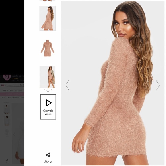 Plt CAMEL EYELASH COWL NECK BODYCON JUMPER DRESS - Picture 4 of 4